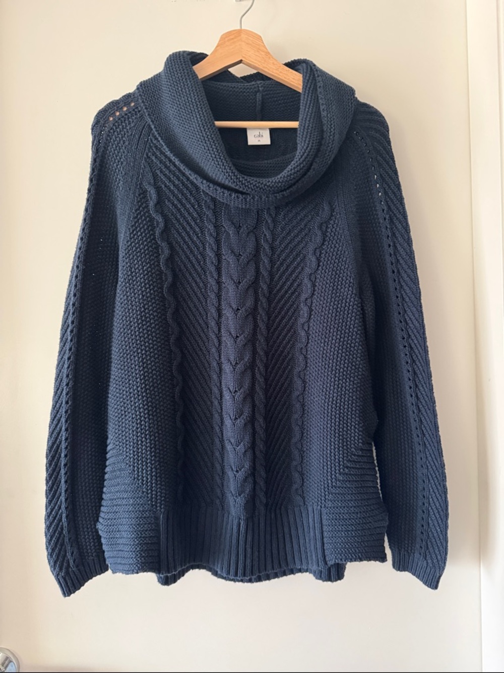 Cabi Chunky Knit Cowl Neck Sweater Blue Medium Cozy Cable Knit